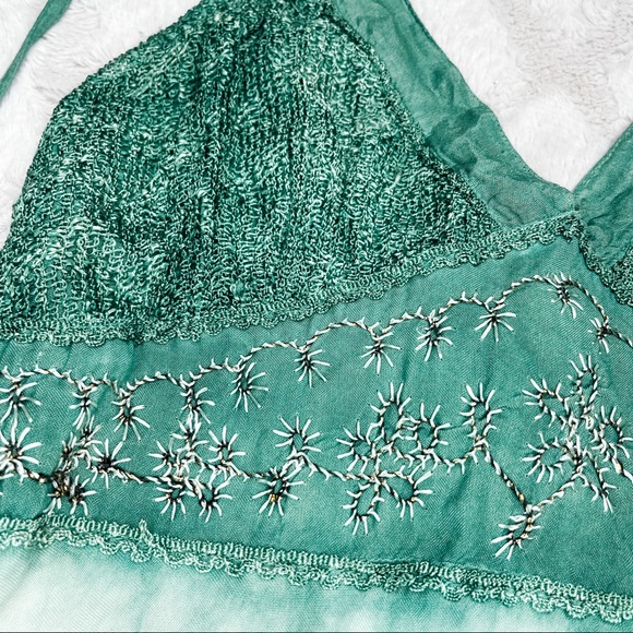 90’s Vintage L.S.I. Ombré Embroidered Tie Die Green Halter-neck Dress L - Picture 4 of 9